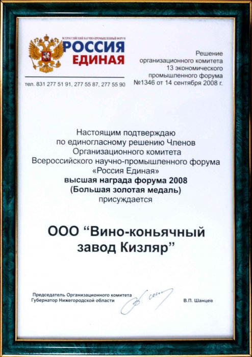 Высшая награда "Россия Единая" форума 2008